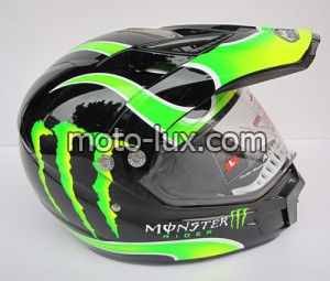 Шлем кроссовый  с визором  "MONSTER ENERGY"   (VENTO) (размер:M, L, черный )